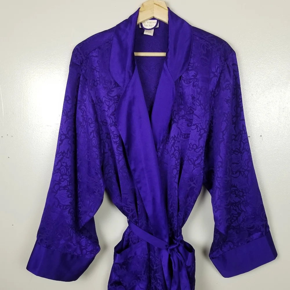 VINTAGE VICTORIA’S SECRET Gold Label Long Satin Robe Waist Tie Royal Purple US M